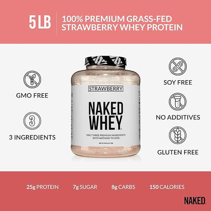 NAKED Strawberry Whey Protein - All Natural Grass Fed Whey Protein Powder + Dried Strawberries + Coconut Sugar- 5lb Bulk, GMO-Free, Soy Free, Gluten Free. Aid Muscle Growth & Recovery - 61 Servings