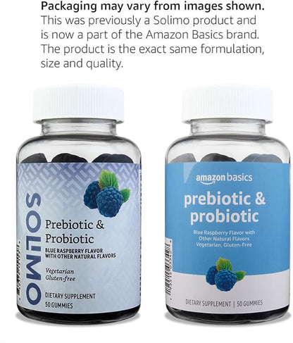Amazon Brand - Solimo Prebiotic & Probiotic Gummies, Two Billion CFU, Blue Raspberry, 50 Count (2 per Serving) (Pack of 2)