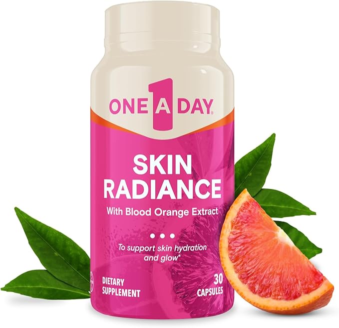 One A Day Skin Radiance, Skin Supplement to Support Hydration & Glow with Blood Orange Extract & Collagen Health with Vitamin C & Vitamin E, 30 Capsules