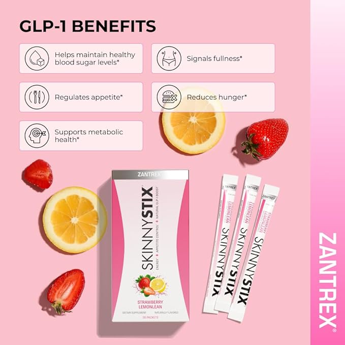 Zantrex SkinnyStix Strawberry Lemonade GLP-1 Support Drink Mix, Energy & Metabolic Support Powder, Appetite Control,15 Single-Serving Packets