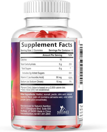 Vitamin C Gummies - 100% of Daily Vitamin C & Sugar Free - Immune Support with Powerful Antioxidants - Nature's Vegan VitaminC Dietary Supplement - Raspberry Flavor for Kids & Adults - 120 Gummies