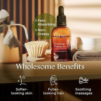 Gya Labs Organic Evening Primrose Oil for Dry Skin & Argan Oil for Hair Set - Aromatherapy Grade Essential Oils Set - 2x3.4 fl oz