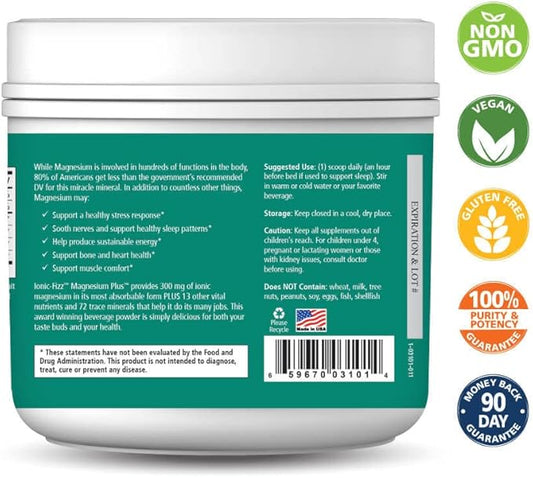 Pure Essence Labs Ionic Fizz Magnesium Plus, Anti-Stress Supplement Drink Powder, Gluten Free and Non-GMO Magnesium Powder (Raspberry Lemonade, 6.03 Ounce (Pack of 1))