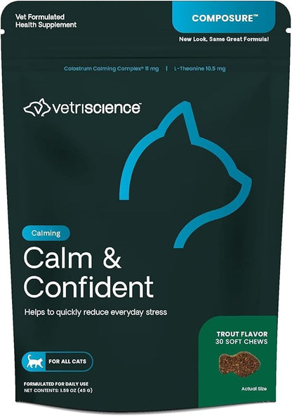 VetriScience Composure Calming Chews for Cats – Supports Relaxation & Balanced Behavior During Travel & Vet Visits, Daily Stress & Anxiety Support Supplement, Trout Flavor, 30 Count