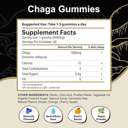 Chaga Mushroom Gummies — Antioxidant Immune Support Supplement - Dietary Mushroom Supplement - 60 Gummies - Made in USA - Shrooms for Health - Organic Vegan Frendly