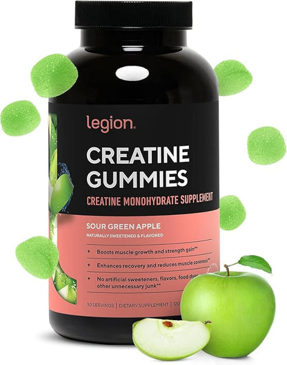 LEGION Creatine Monohydrate Gummies – Clean Chewable Creatine Supplement for Strength, Endurance & Muscle Recovery – 30 Sour Green Apple Flavor Servings – No Artificial Flavors or Sweeteners.