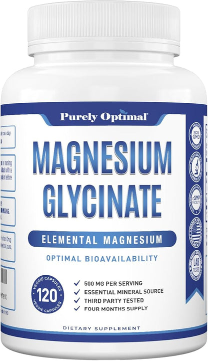 Purely Optimal Magnesium Glycinate 500mg – Sleep Support & Stress Relief – Gentle, High Absorption Magnesium Supplement for Muscle Relaxation, Calm & Nerve Support – 120 Capsules