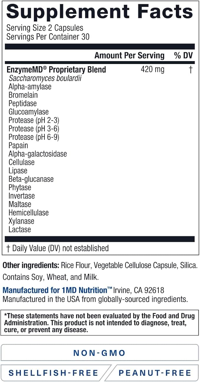 1MD Nutrition EnzymeMD - Digestive Enzymes Supplement - Doctor Formulated | 18 Plant-Based Enzymes - Gas & Bloating Support | 60 Capsules