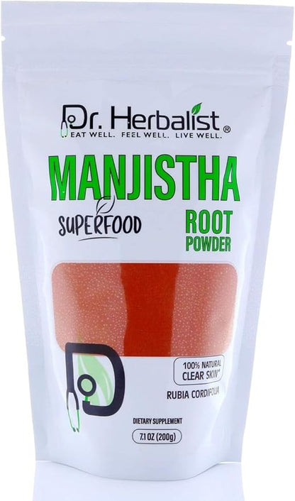 Dr. Herbalist Manjistha Root Powder (200g) - 100% Natural Indian Madder for Skin, Hair & Wellness, Vegan, Promotes Radiant Complexion & Healthy Hair