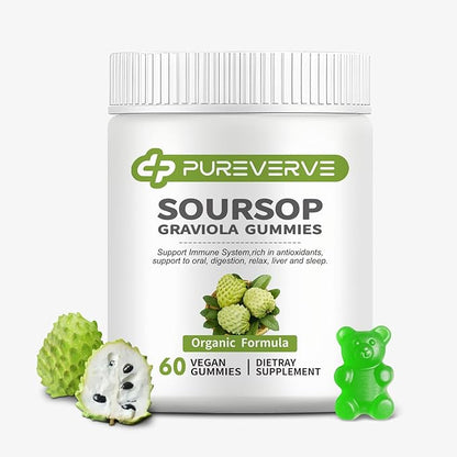 Soursop Graviola Gummies, Max Strength Soursop Leaves Extract with Sea Moss & Zinc for Cell Support & Regeneration, Immunity, Liver and Antioxidant, Sugar/Gluten Free, Vegan - 60 CT