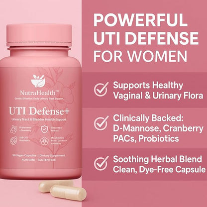 UTI Defense+ – D-Mannose, Cranberry, Hibiscus & Dandelion – Urinary Tract Support for Women – Promotes Bladder Health, Odor Control & pH Balance – 90 Vegan Capsules