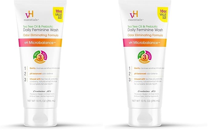 vH essentials Daily Feminine Wash - 10 Fl Oz - Odor Eliminating Vaginal Wash with Tea Tree Oil,Prebiotics and Cranberry,gentle cleanser + pH balancing,(Pack of 2)