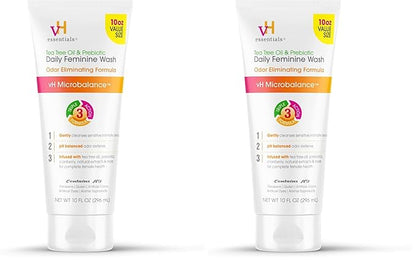 vH essentials Daily Feminine Wash - 10 Fl Oz - Odor Eliminating Vaginal Wash with Tea Tree Oil,Prebiotics and Cranberry,gentle cleanser + pH balancing,(Pack of 2)