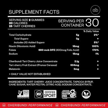 Cheribundi Tart Cherry Gummies Sleep | Performance for Maximum Recovery with 25 Tart Cherries | Powerful Antioxidant Support, Non-GMO, Gluten-Free, Vegan | 20 Calories per Serving | 60 Count