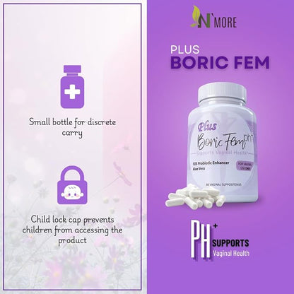 N'More Boric Acid Vaginal Suppositories Plus Aloe Vera & FOS Probiotic Enhancer 800mg/, 30 Count All Natural Made in USA