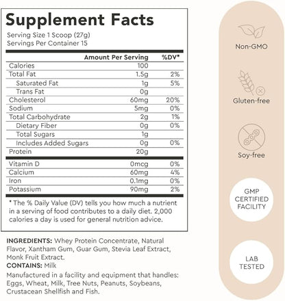 Alaya Naturals - Grass Fed Whey Protein Powder - Vanilla Flavor, All Natural, Hormone Free - 20g Protein per Serving - Non-GMO, rBGH Free, Gluten Free - Great Source of BCAA