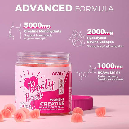AiVital™ Creatine Gummies for Women, 5000mg Creatine Monohydrate Gummies+2000mg Collagen+1000mg BCAA, Women-Specific Formula, Sugar Free, 30 Servings, 120 Counts(Berry)