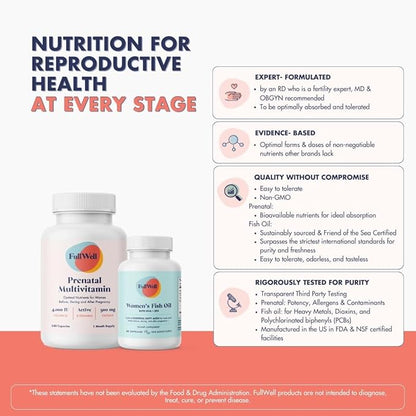 FullWell Women's Prenatal Essentials - Women’s Prenatal Multivitamin & Fish Oil - Supports Maternal Health & Fetal Development - Omega 3, DHA, Folate & Choline- 30 Servings