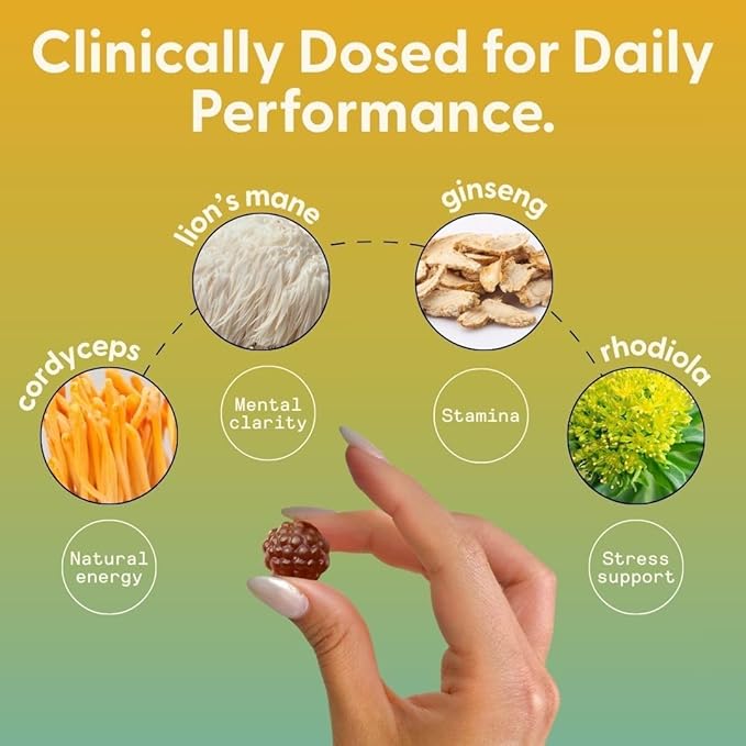SuperMush Energy Mushroom Gummies - Organic Lions Mane Supplement with Cordyceps, Rhodiola, L-Theanine, Maca - Vegan & Sugar-Free - Energy, Focus, Stamina, Stress Reduction - 28 Gummies (14 Servings)