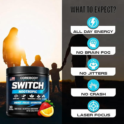 Switch, Brain Boosting Nootropic Energy Supplement Powder - Made in USA - Alpha GPC, NALT, Ashwagandha, Sugar Free Energy, Keto, Increase Mental Focus & Cognitive Function, Enhances Mood & Memory