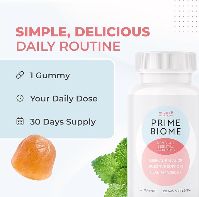 PrimeBiome Probiotic Gummies – Plant-Based Blend with Inulin, Lion’s Mane, Ginger & More– Non-GMO, No Stimulants, GMP Certified – 30 Gummies, 3 Month Supply