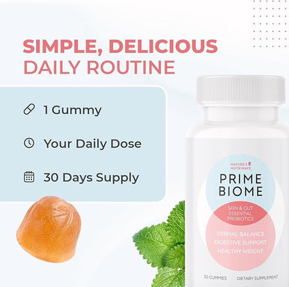 PrimeBiome Probiotic Gummies – Plant-Based Blend with Inulin, Lion’s Mane, Ginger & More– Non-GMO, No Stimulants, GMP Certified – 30 Gummies, 3 Month Supply
