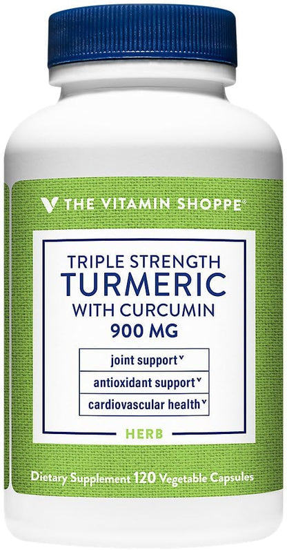 The Vitamin Shoppe Triple Strength Turmeric with Curcumin 900mg, Supports Joint Mobility, Provides Antioxidant Benefits & Includes 5mg Bioperine for Nutrient Absorption (120 Vegetarian Capsules)