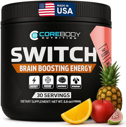 CoreBody Switch Energy Drink Mix -Nootropics Brain Support Supplement for Memory & Focus, Sugar Free Energy Booster with Nootropics, Alpha GPC, All Day Focus* (Tropical Punch)