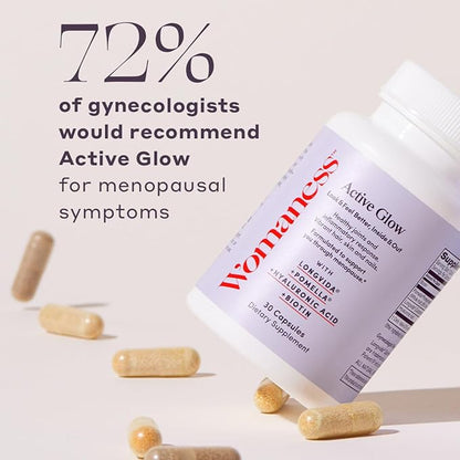 Womaness Active Glow Hair Skin and Nails Vitamins for Women - Hair Growth Vitamins with Hyaluronic Acid - Biotin and Curcumin - Nail Care, Joint Support and Glow Supplements for Dry Skin - 30 Capsules
