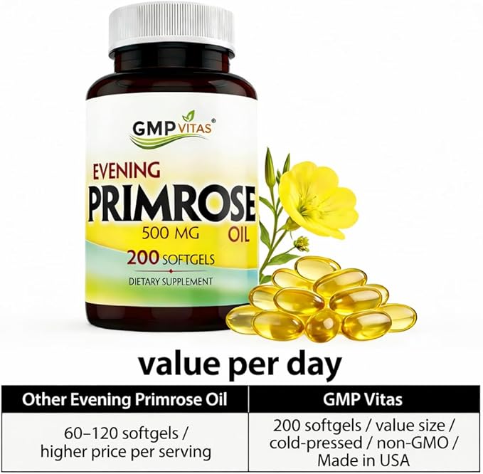 Evening Primrose Oil 500mg, 200 Softgels, Cold-Pressed with 45mg GLA, Non-GMO, Made in USA, Supports Women’s Hormonal Balance & Skin Health