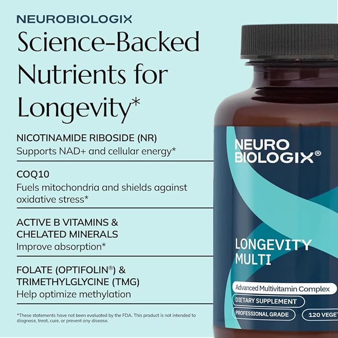 Neurobiologix Longevity Multi, Daily Multivitamin for Men & Women, Over 40 Vitamins & Minerals, NR, CoQ10 & Active B, Iron Free Vitamins for Women & Men for Energy & Wellness, 120 Capsules