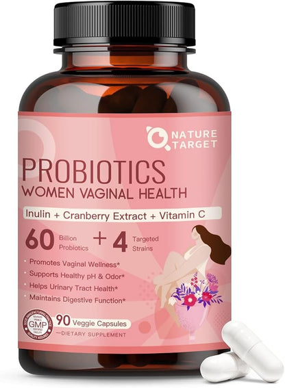 NATURE TARGET Vaginal Probiotics for Women, pH Balance for Women with Probiotic, Prebiotics, Cranberry & Vitamin C, Support Odor Control, Flora Balance, Urinary & Digestive Health, 90 Vegan Capsules