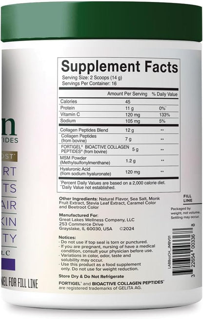 Great Lakes Wellness Movement Boost Advanced Collagen Peptides Powder with MSM, Hyaluronic Acid, Vitamin C - Joint Mobility & Comfort - Caramel Flavored - Non-GMO, Keto, Kosher - 8 oz