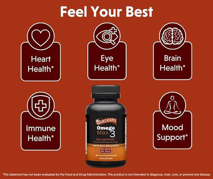 Barlean's Ideal Omega Max 3 Fish Oil Supplements, 1000 mg Softgels, EPA and DHA Fatty Acid Pills for Men and Women, Orange Flavor, 60 Count