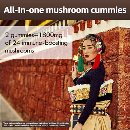Super Mega Mushroom Gummies 24 in 1 Daily Mushroom Supplement Support for Memory, Focus & Energy, Host Immune Defense with Lions Mane, Reishi, Chaga, Turkey Tail, Citrus Flavor, 120 Gummie