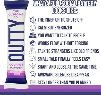 OUTTY Courage Powder Social Energy & Mood Support Drink Mix With Taurine, L-Theanine & Oroxylin A Stress Relief, Mental Clarity & Alcohol Alternative Acai Mixed Berry (15 Stick Packs)