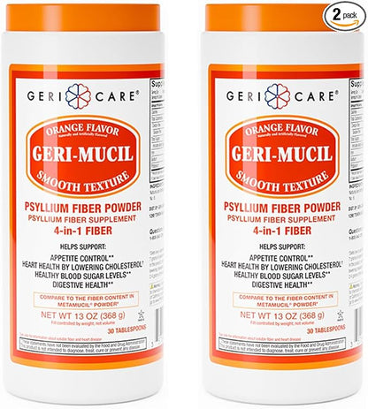 GeriCare Geri-Mucil Psyllium| 4-In-1 Orange-Flavor Psyllium Husk Powder| Daily Fiber Supplement| Sweetened Gluten-Free Fiber Drink Mix| Water-Soluble Husk Fiber Powder For Bowel Movement|13oz (2 Pack)