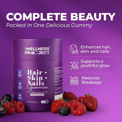 The Wellness Project 14-in-1 Hair, Skin & Nails Gummies with 10,000 mcg Biotin, Keratin, Hyaluronic & Folic Acid, Vitamins A, C, B5, B6 & B12 & Sea Buckthorn | Tasty Mixed Berry Flavor (Pack of 2)