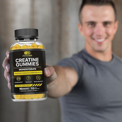 Effective Nutra Creatine Monohydrate Gummies - 1g Creatine per Gummy - Vegan Muscle & Strength Supplement for Men & Women - Supports Muscle Growth, Energy, Endurance - Lemon Flavor, Made in USA (90ct)
