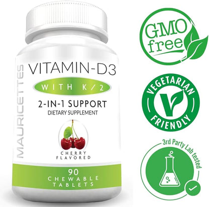 Mauricettes Chewable Vitamin D3 with K2 – 2-in-1 Bone & Heart Health Support – Immune Booster – Natural Cherry Flavor – 90 Tablets for Adults & Kids