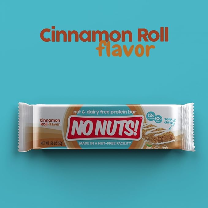 No Nuts! Cinnamon Roll Flavor Snack Bars - 100% Nut-Free Dairy Free Vegan Protein Bars, Organic, Kosher, Egg-Free, Non-GMO, 12g Protein, 10g Fiber, 12 Count