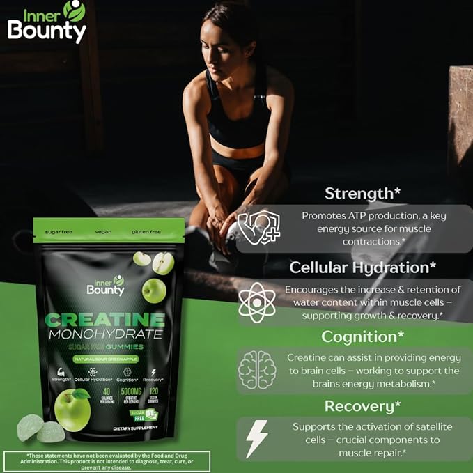 Sugar Free Creatine Monohydrate Gummies 5g, Natural Sour Green Apple - 120 Vegan Chews for Men and Women. Cognition and Muscle Support, Cellular Energy - Non-GMO & Gluten-Free