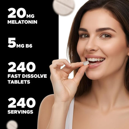 Melatonin 20 mg - 240 Fast Dissolve Tablets - Drug Free - Natural Berry Flavor - Vegetarian, Non-GMO, Gluten Free 240 Count (Pack of 1) (240 Count (Pack of 1))