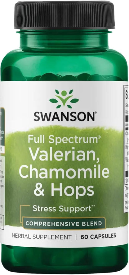 Swanson Valerian, Chamomile & Hops - Full Spectrum Herbal Supplement Promoting Relaxation & Comfort - Natural Formula Supporting Mind & Body Wellness - (60 Capsules)