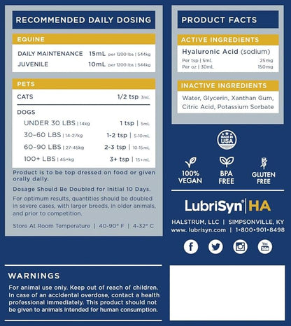 LubriSynHA Hyaluronic Acid Hip & Joint Care Supplement for Dogs, Cats & Horses – Liquid Oral HA for Pets – Joint Support Supplement Promotes Mobility, Flexibility, Cartilage Health & Comfort – 64oz
