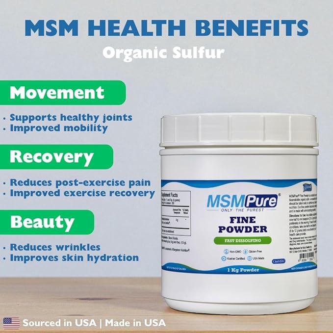 KALA HEALTH MSMPure Fast Dissolving Fine MSM Powder Crystals – US-Made MSM for Joint Health, Skin Appearance, and Hair & Nail Support – 2.2 lb, Organic Sulfur
