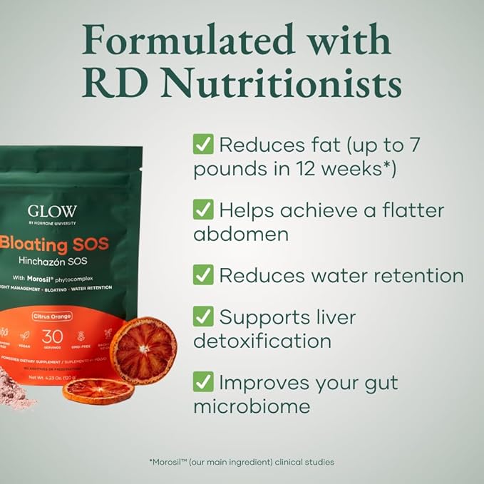 Bloating SOS Fast-Acting Drink Powder, Bloating Relief for Women with Morosil & Digestive Enzymes, for Water Retention, Metabolism, Gut Health & Immune Support, Citrus Orange - Dietitian Co-Developed