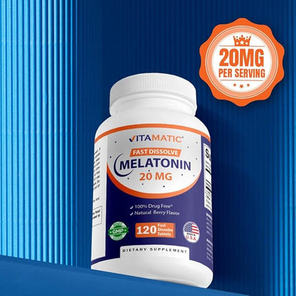Vitamatic Melatonin 20mg for Sleep Support | Vegetarian, Non-GMO, Gluten Free | HIGH Potency 20 MG | Natural Berry Flavor 120 Fast Dissolve Tablets - 2 Pack - 240 Count