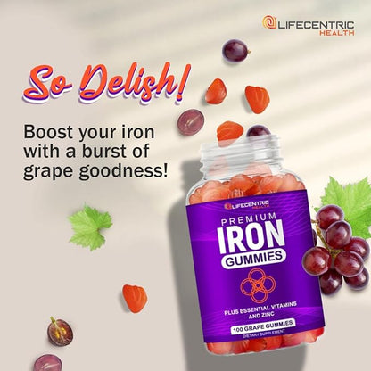 LifeCentricHealth Iron Gummies | Biotin Zinc Vitamin B Folic Acid Gummies | Vegan Gluten Free for Women & Men