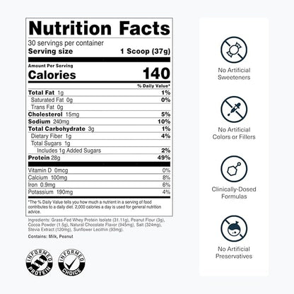 Transparent Labs Grass-Fed Whey Protein Isolate - Naturally Flavored, Gluten Free Whey Protein Powder with 28g of Protein per Serving & 9 Amino Acids - 30 Servings, Chocolate Peanut Butter